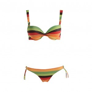 CBAD072009 + CBND072028 – Balconcino di bikini imbottito in charmeuse lurex a righe multicolor (29,90) + Brasiliana di bikini con lacci (16,90)